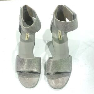 Paul Green Block Heel Leather Metallic Sandals Ankle Strap Pewter Silver